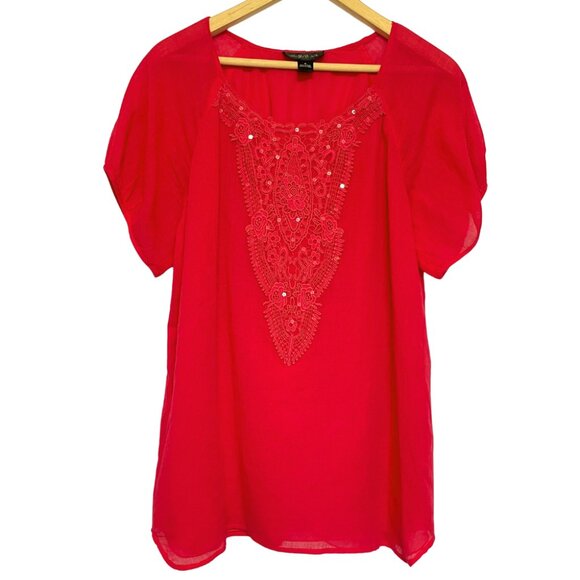 August Silk Sequined Top Womens Size M Cherry Red Fairy Boho Soft Sustainable - Picture 1 of 9